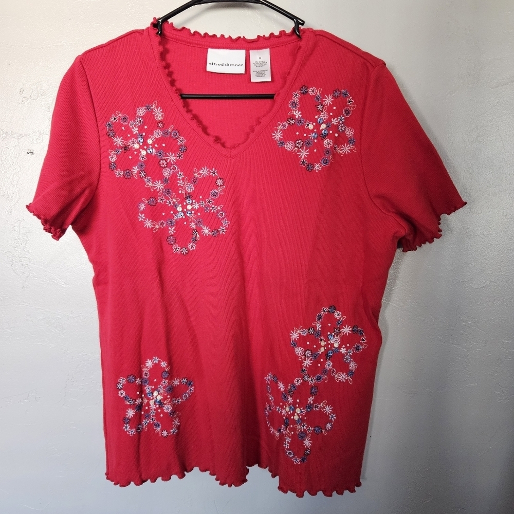 Alfred Dunner Vintage Women's Medium Red White Blue Floral Short Sleeve Top